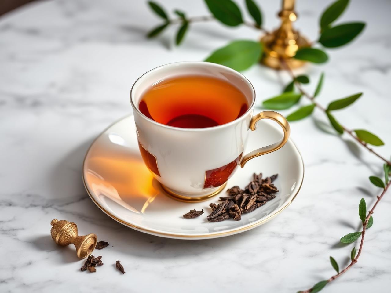 Chá imperial servido em xícara dourada sobre mármore branco