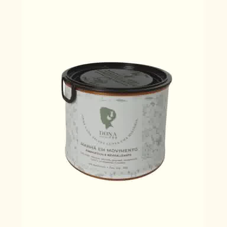 Lata premium do chá Manhã em Movimento da Dona DomiTea